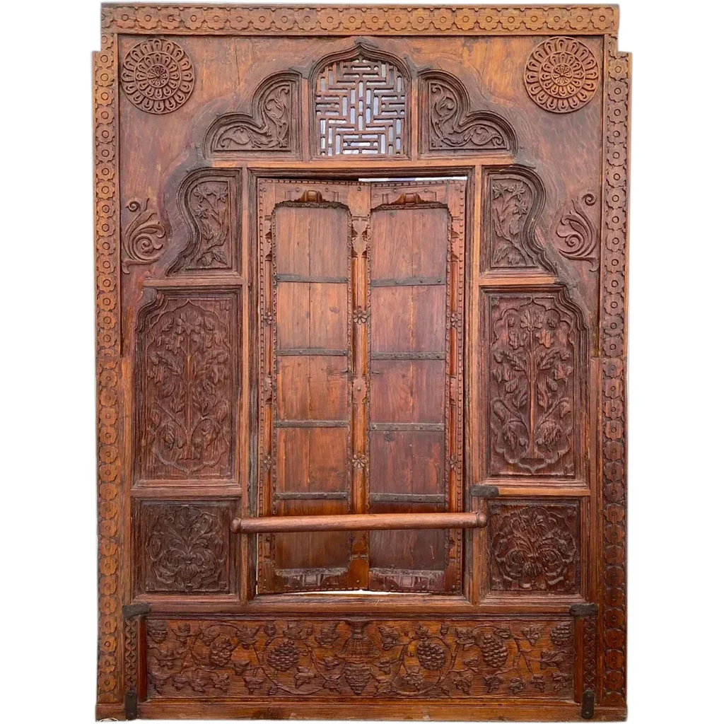 Large Antique Carved Teak Haveli Shutter Window