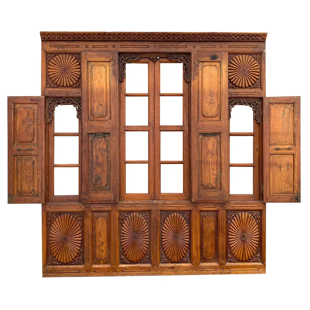 Large Sunburst Antique Teak Three-Window Wall Panel