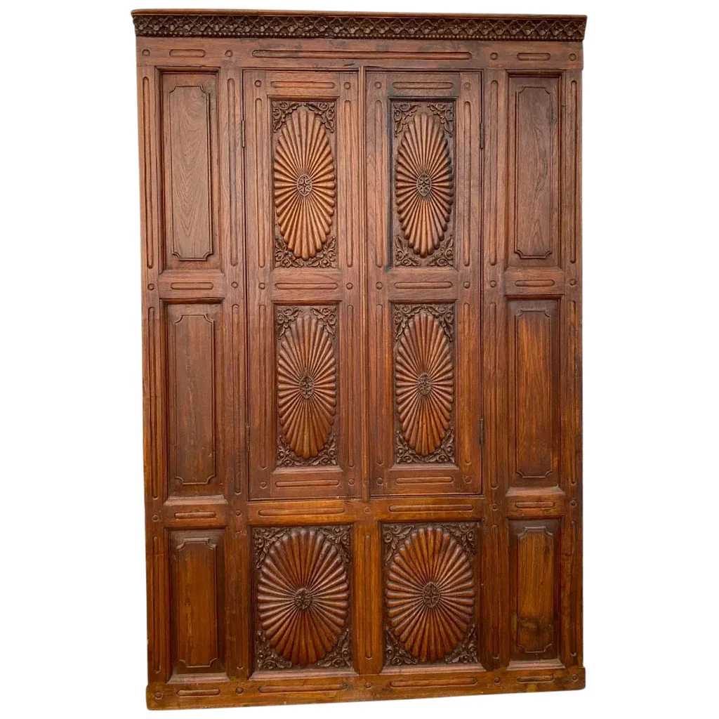 Small Sunburst Antique Teak Window Wall Panel