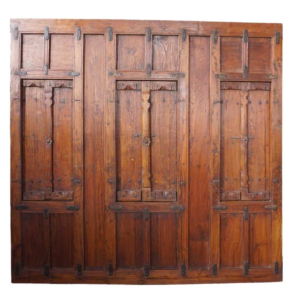 Large Antique Iron Mounted Teak Three-Window Wall Panel