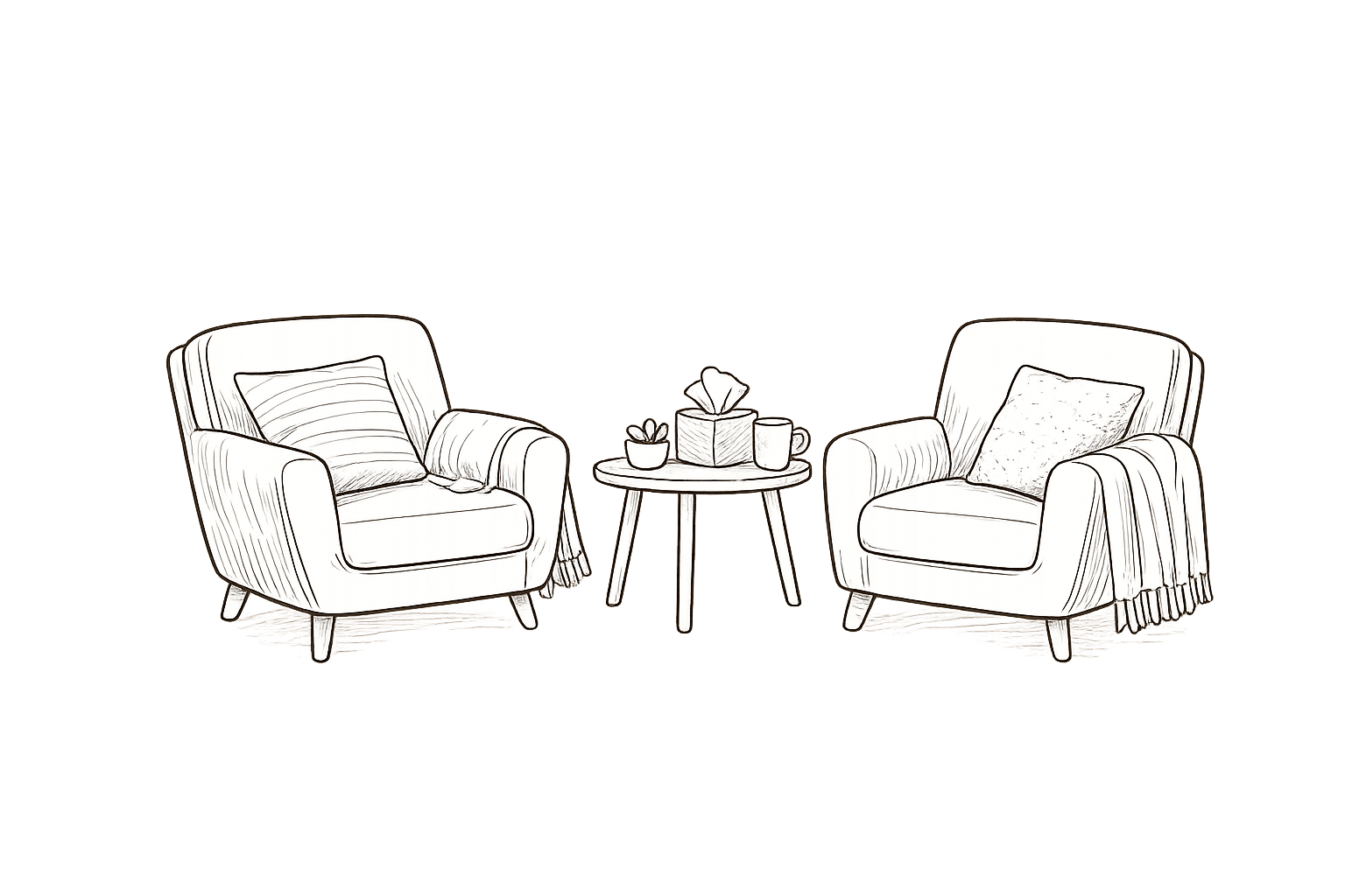 A black and white sketch of two armchairs with pillows facing each other, with a small round table in between holding decorative items like potted plants, a tissue box, and a mug.