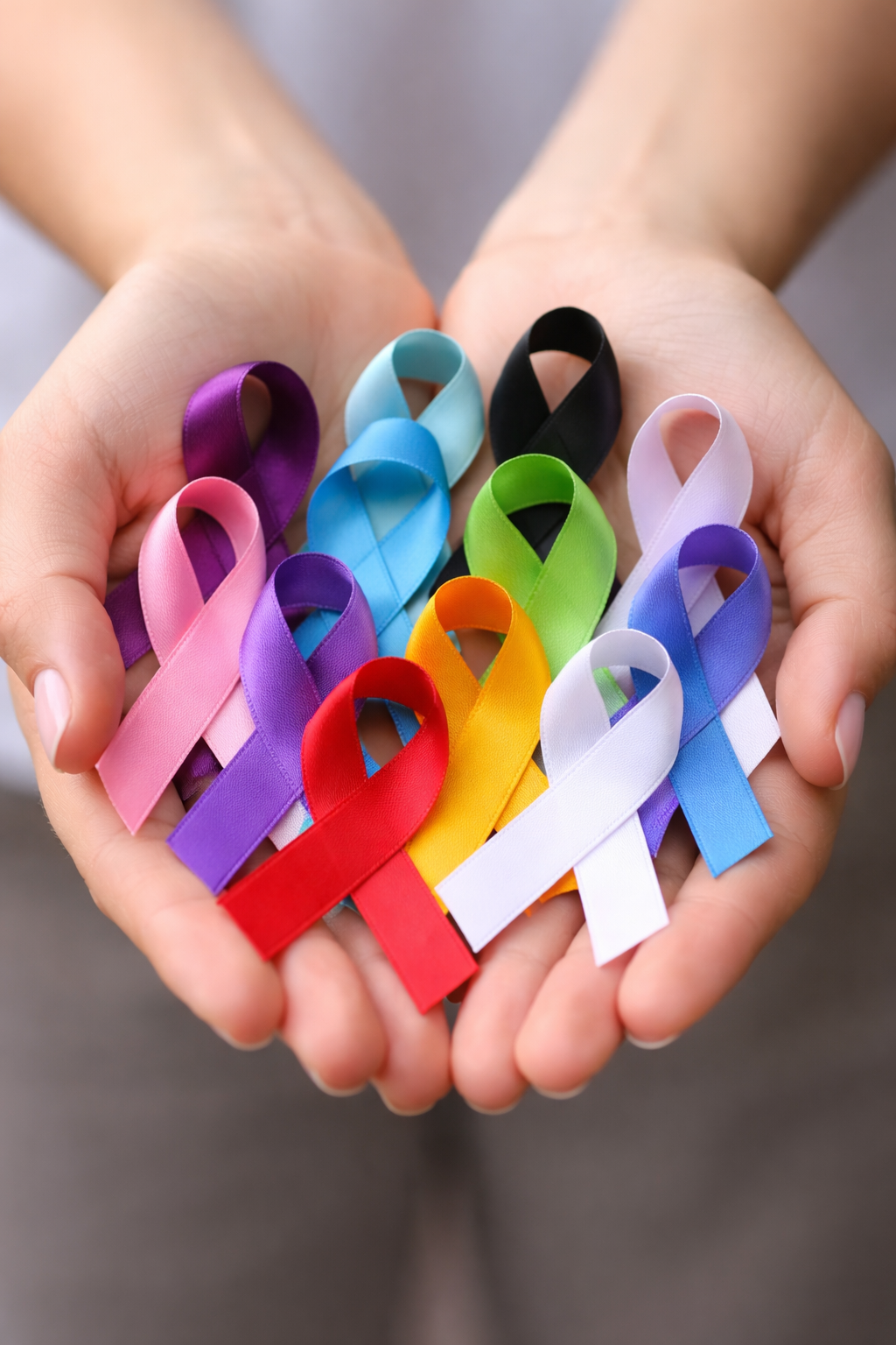 Hands holding a collection of multicolored awareness ribbons, including pink, purple, red, yellow, orange, white, green, blue, and black.