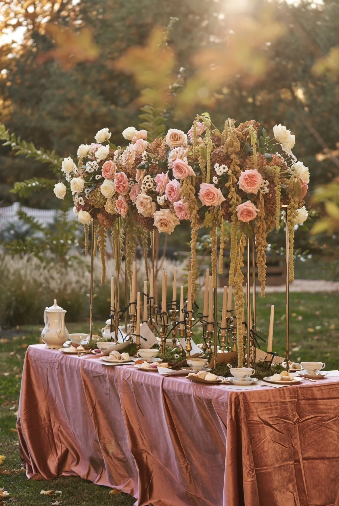Tall blush pink centerpieces with taper candles on outdoor table at golden hour