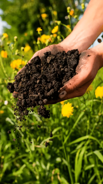 Person holding dark soil with their hands outdoors in a green field with yellow flowers.