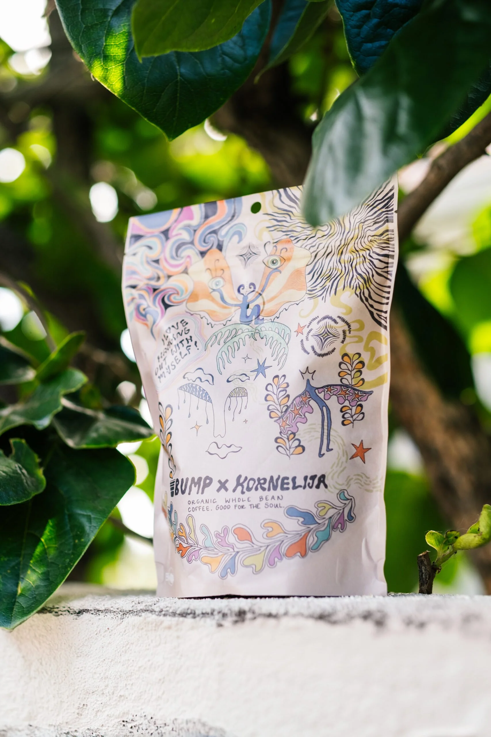 A colorful, artistic illustration on a coffee bag labeled 'BUMP x KORNELISA Organic Whole Bean Coffee' is placed outdoors on a ledge among green foliage. The artwork features abstract faces, flowers, and vibrant patterns.