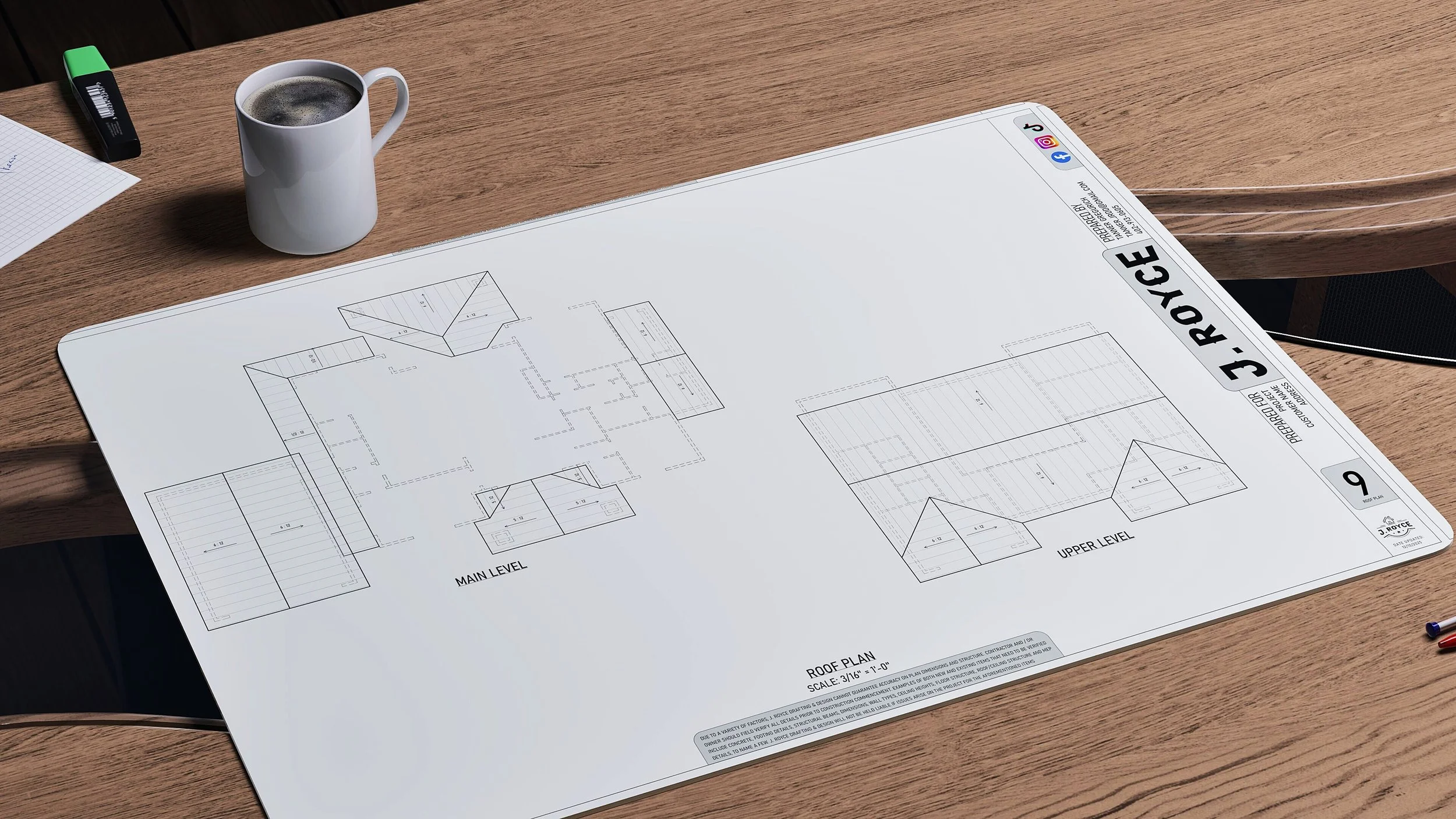 Architectural blueprint of a building's roof plan on a large white drafting paper, placed on a wooden desk with a cup of coffee, an eraser, a notebook, and colored pens nearby.