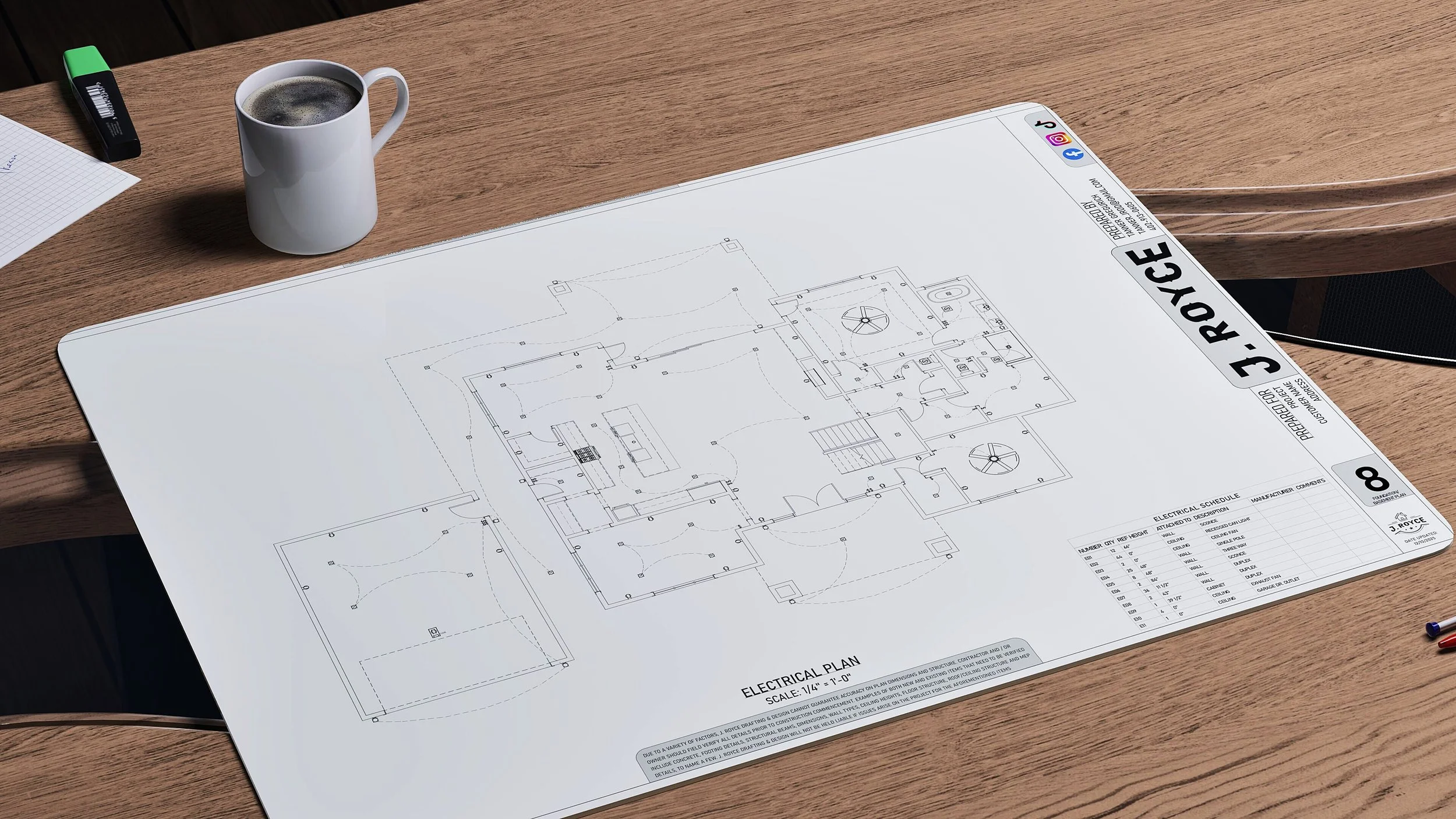 Architectural electrical plan blueprints on a desk with a cup of coffee, a notepad, a highlighter, and a pen.