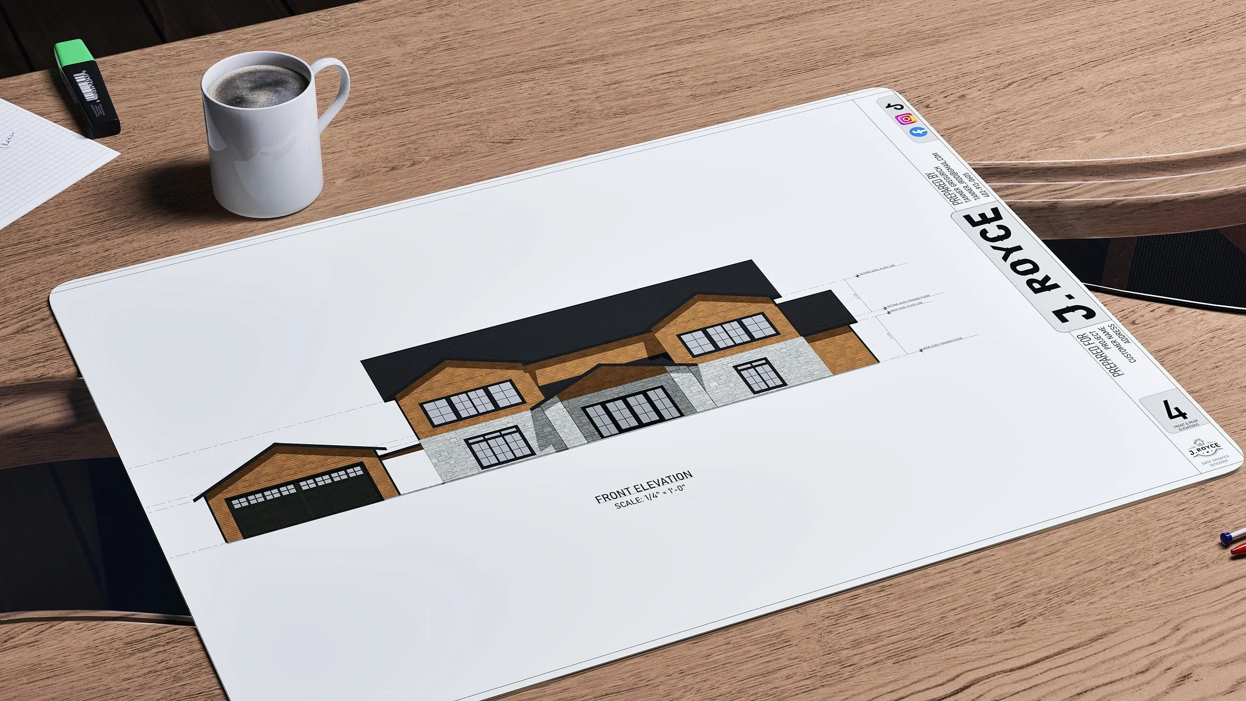 Architectural blueprint of a modern house design on a desk with a cup of coffee, notepad, an eraser, and pencils.