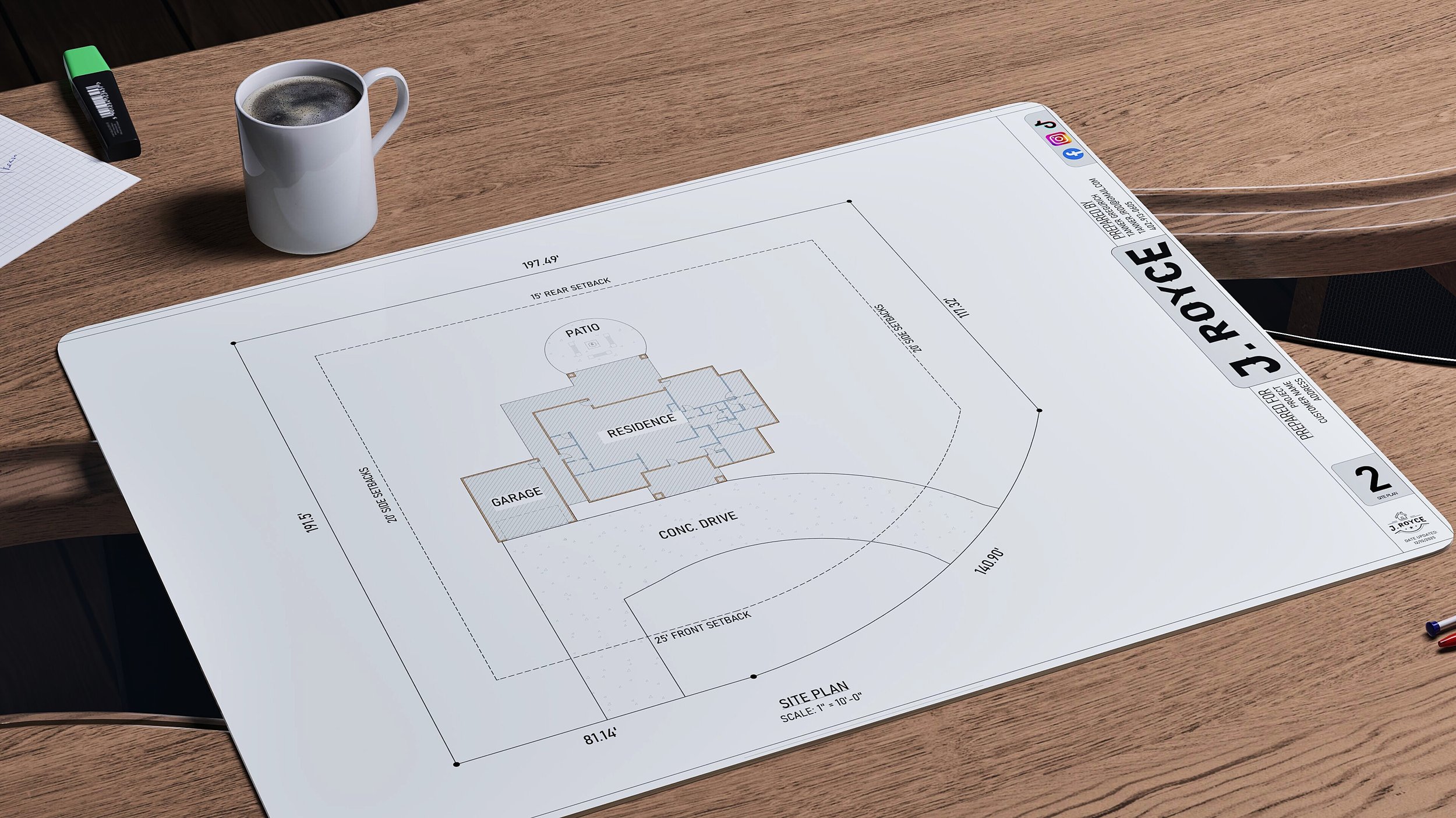 Architectural site plan drawing of a residence on a large white sheet with project details, placed on a wooden desk next to a cup of coffee, a notebook, a pen, and a highlighter.