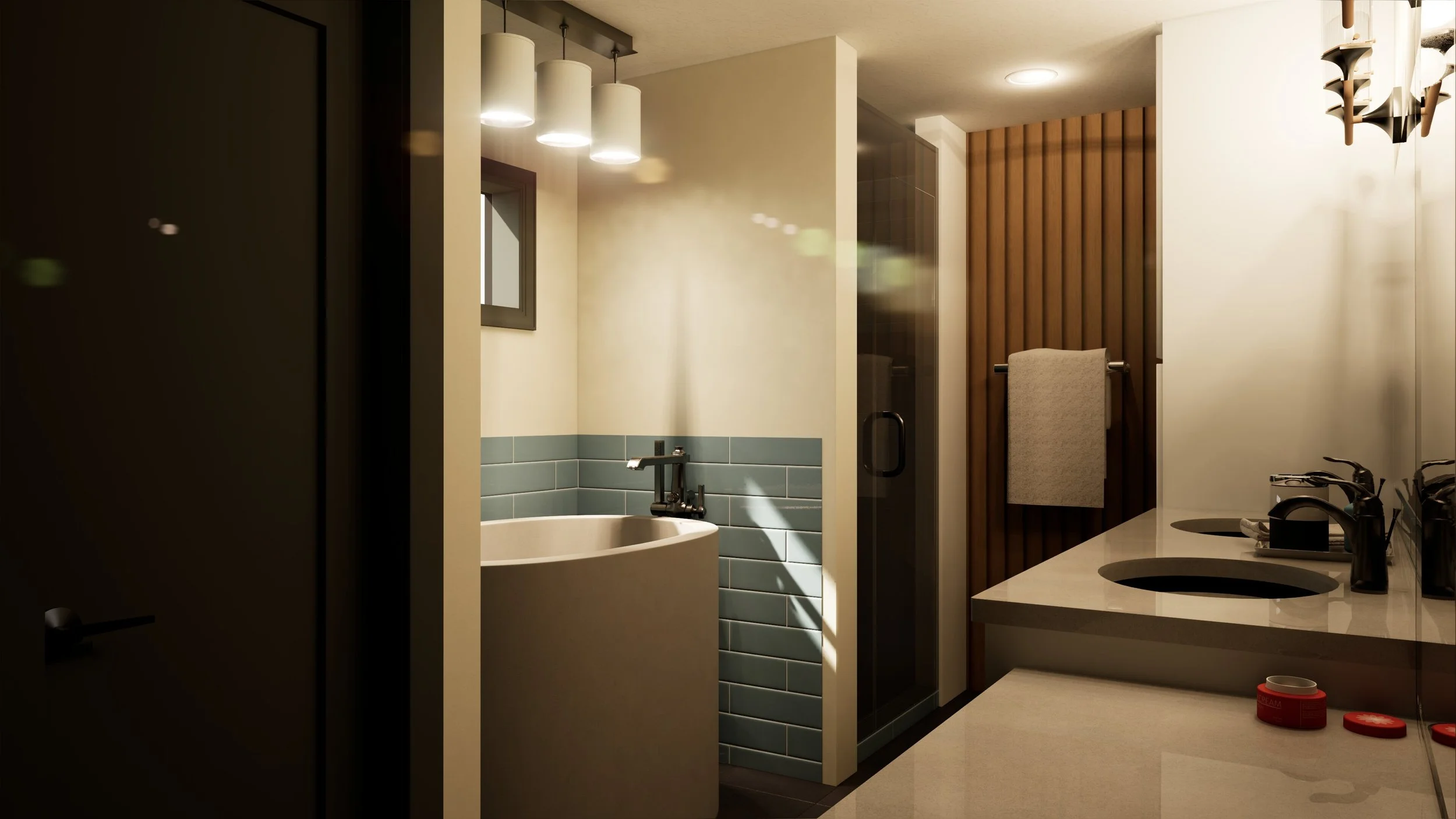 Modern bathroom with dual sinks, a large mirror, a towel, a shower stall with glass door, a freestanding bathtub, and pendant lighting.
