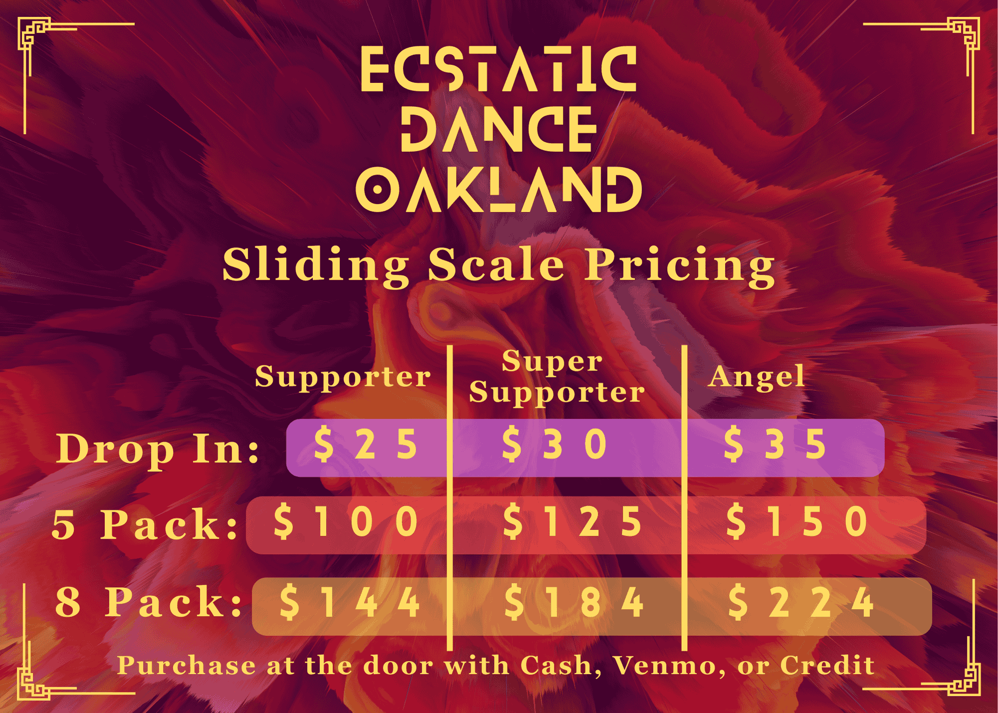 Event poster for Ecstatic Dance Oakland, advertising sliding scale pricing for Supporter, Super Supporter, and Angel, with prices for Drop In, 5 Pack, and 8 Pack tickets, as well as online purchase options with cash, Venmo, or credit.