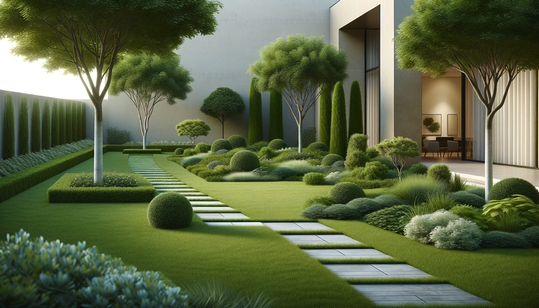 Modern backyard garden with neatly trimmed grass, stone pathway, various shaped shrubs and trees, and an outdoor living area visible through glass doors.