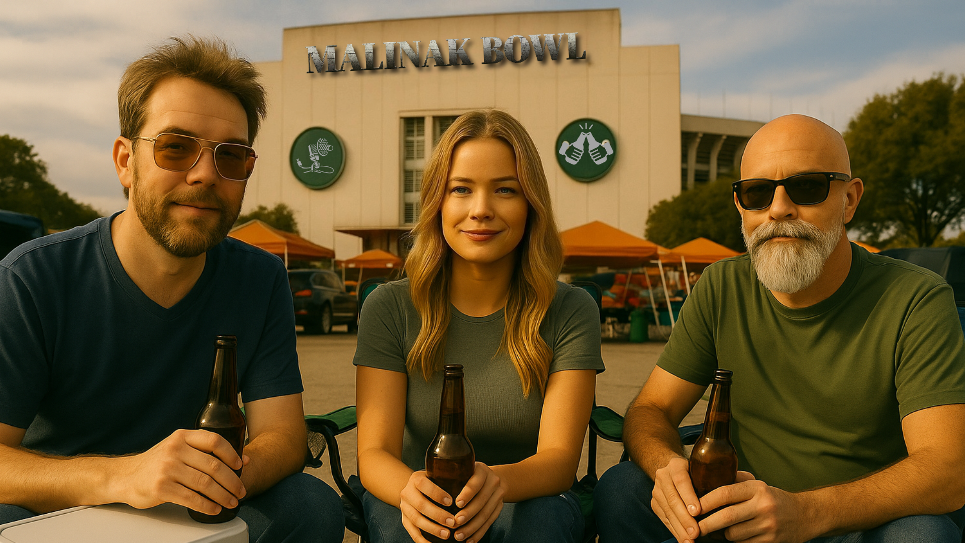 Three people sitting together outdoors in front of Malinak Bowl, holding beer bottles, with tents and trees in the background.