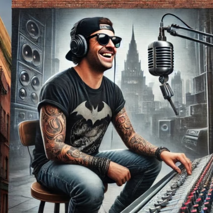 A man with tattoos wearing sunglasses, a backwards cap, and a Batman t-shirt, smiling while sitting in a recording studio with a microphone and sound equipment, with a cityscape mural in the background.