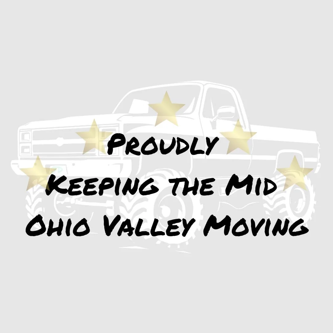 A graphic of a truck with a semi-transparent background and gold star accents, overlaid with the text 'Proudly Keeping the Mid Ohio Valley Moving' in bold black font.
