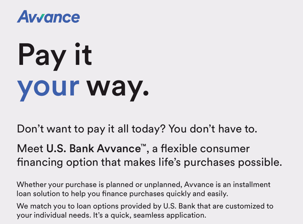 Advertisement for U.S. Bank Avance describing flexible consumer financing options with the slogan 'Pay it your way'.