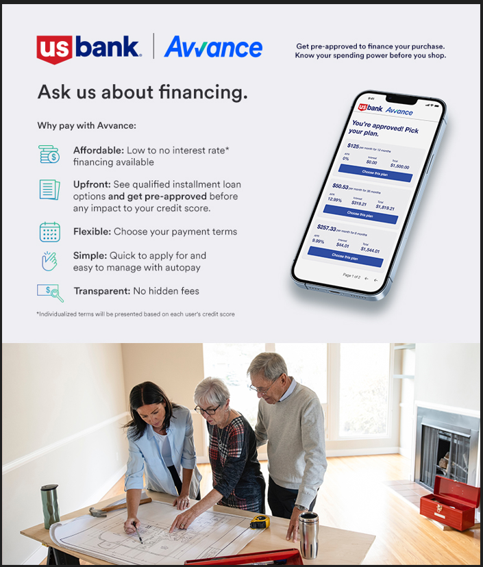 Two photos: first shows an advertisement for US Bank's Advance loan service with details about financing benefits displayed on a smartphone screen, second shows three people, a woman and an older couple, reviewing a house blueprint together in a well-lit room.