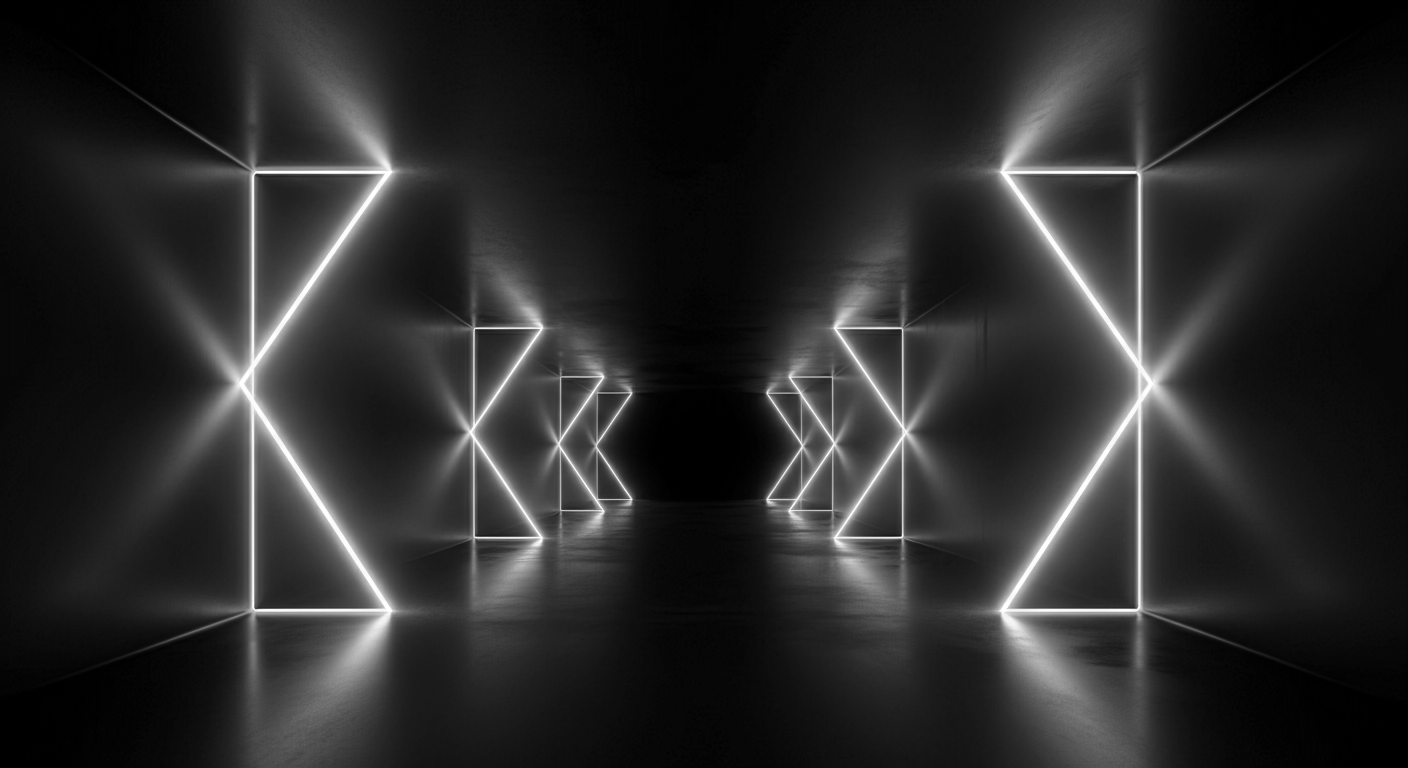 A dark hallway with illuminated geometric light patterns on both walls, creating a symmetrical design.