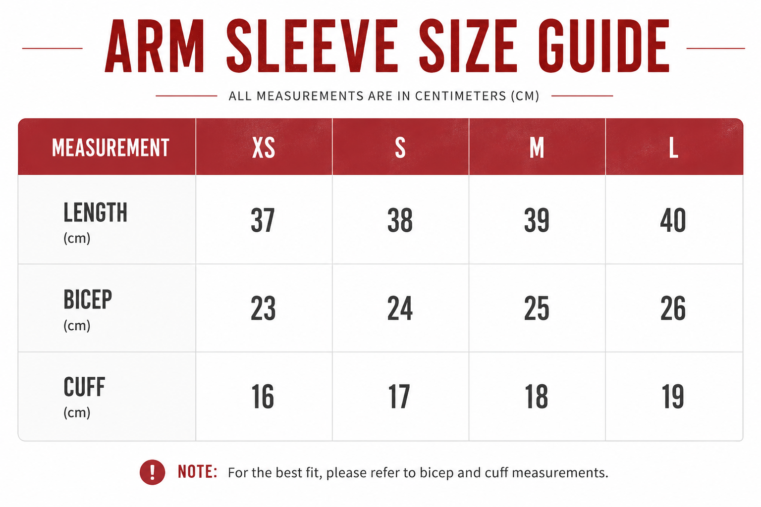 Size chart for arm sleeves displaying measurements in centimeters for sizes XS, S, M, and L, including length, bicep, and cuff dimensions, with a note about best fit references.