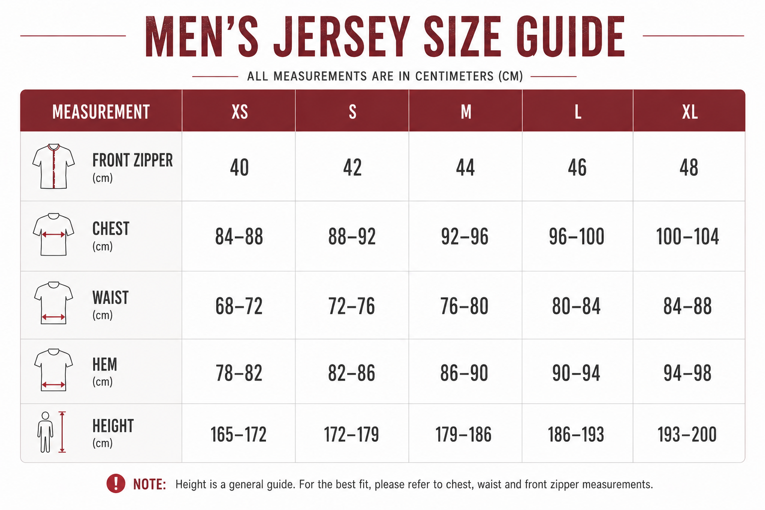 Men's jersey size guide chart with measurements in centimeters for sizes XS to XL, including front zipper, chest, waist, hem, and height. Note indicating height is a general guide.