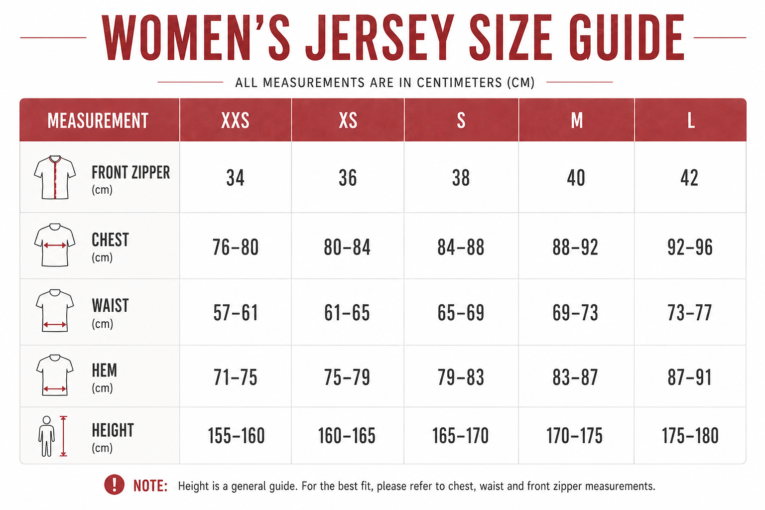 Women's jersey size guide chart with measurements for front zipper, chest, waist, hem, and height, in centimeters, for sizes XXS through L.