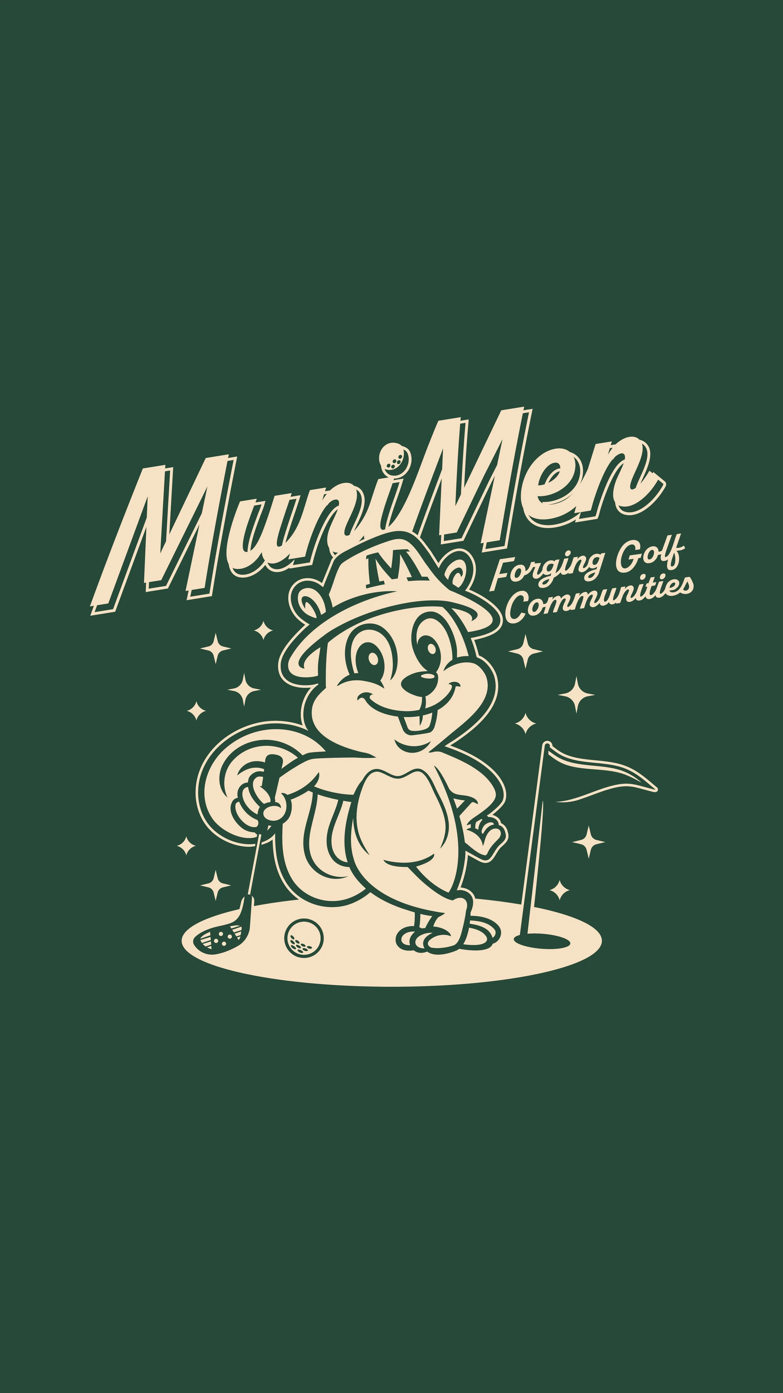 Cartoon bear wearing a golf hat with an 'M' on it, holding a golf club and standing next to a golf flag on a putting green, with the text 'MuniMen Forging Golf Communities' above.