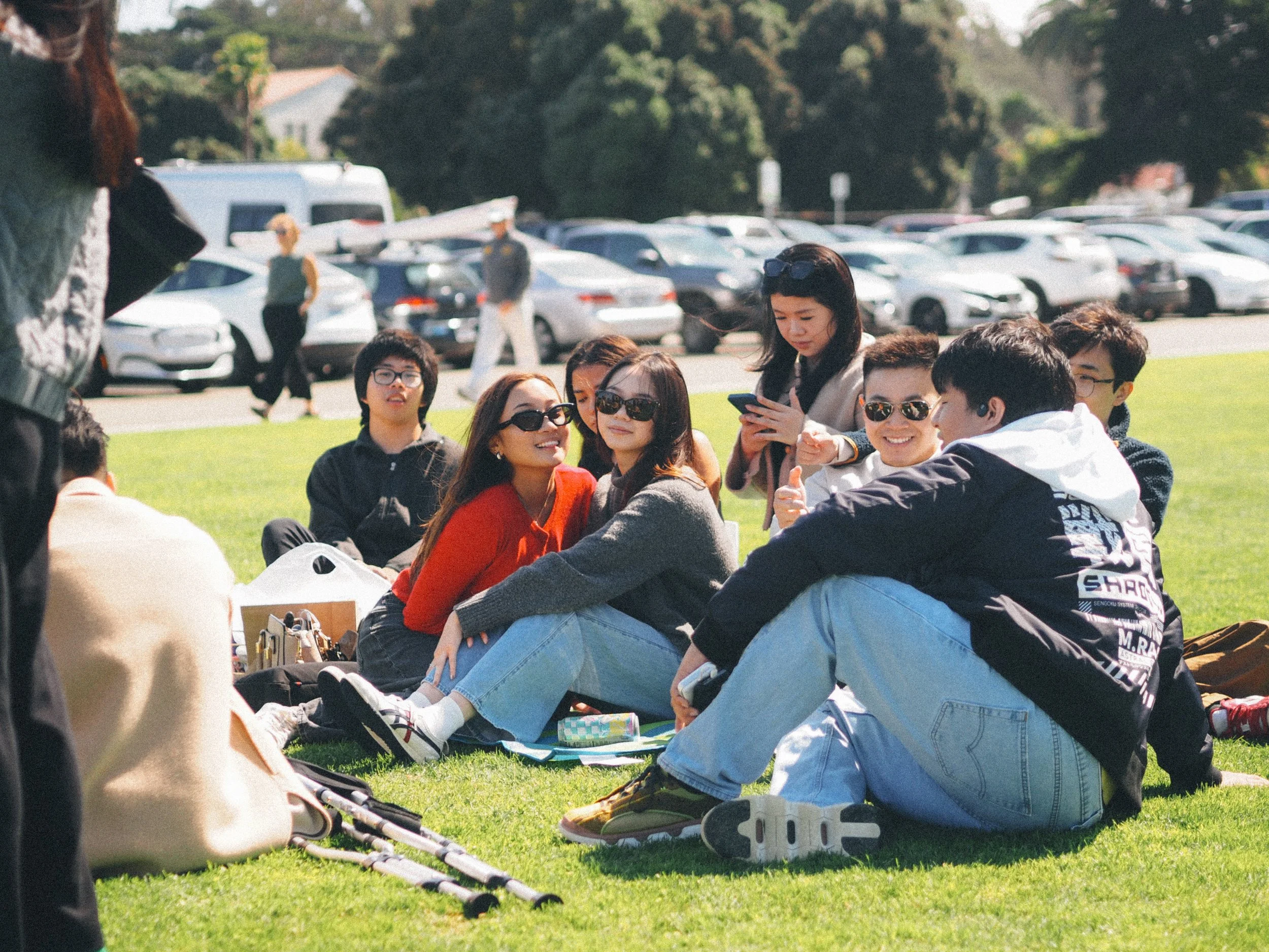 Group of young friends sitting on grass at park, smiling and socializing, with cars and trees in background on sunny day.