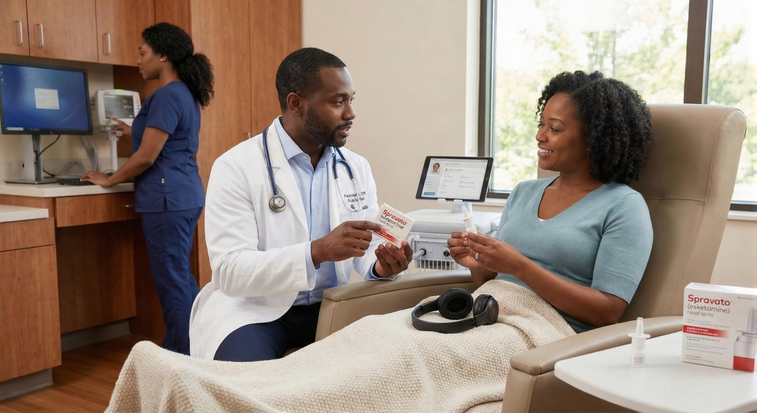 Doctor consulting with a female patient in a hospital room, handing her medication while the patient smiles. A nurse is working on a computer in the background.