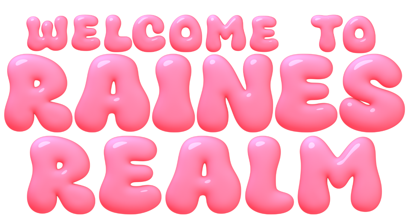 Pink 3D text says "Welcome to Rain's Realm" with a glossy, bubble-like appearance.