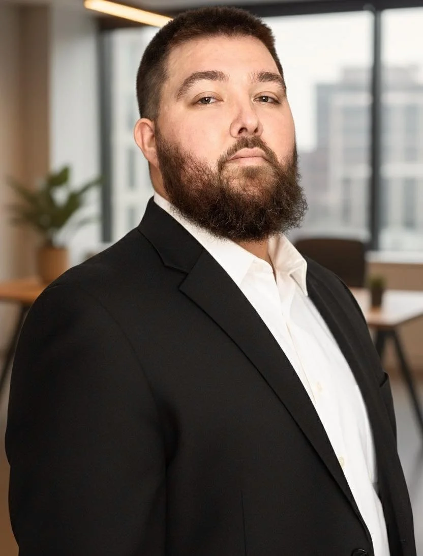 A man with a beard and mustache in a black suit jacket and white shirt standing in an indoor office setting with large windows and some plants in the background.