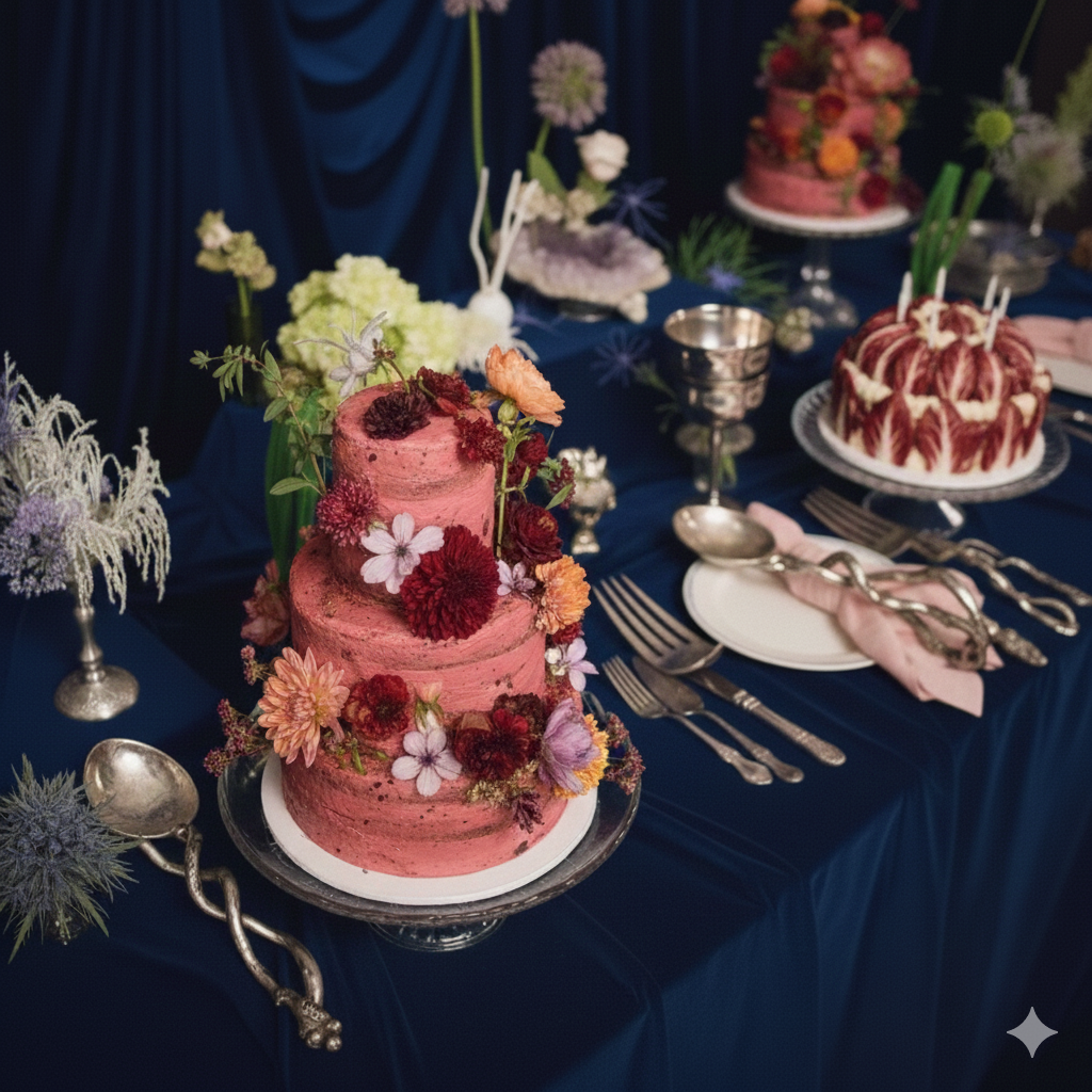 Gâteau de mariage à trois étages avec des fleurs décoratives sur un buffet de fête, entouré de vaisselle élégante et de fleurs.