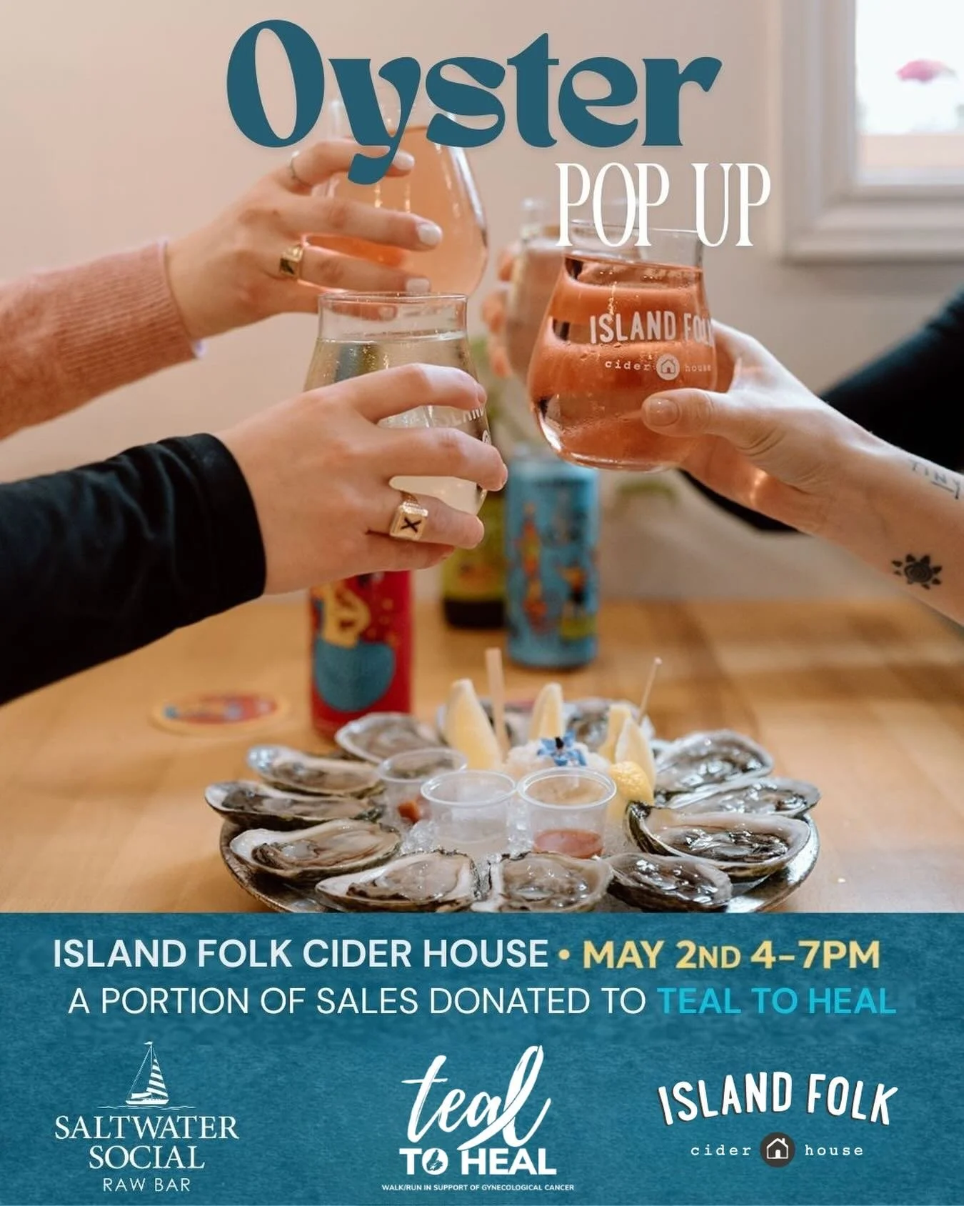 Shucked oysters, cider, and a good cause 🦪

Join us for an Oyster Pop Up at Island Folk Cider House, May 2nd from 4- 7pm.

Fresh oysters, great pours, and even better company. 

A portion of oyster and cider sales are being donated to Teal to Heal @