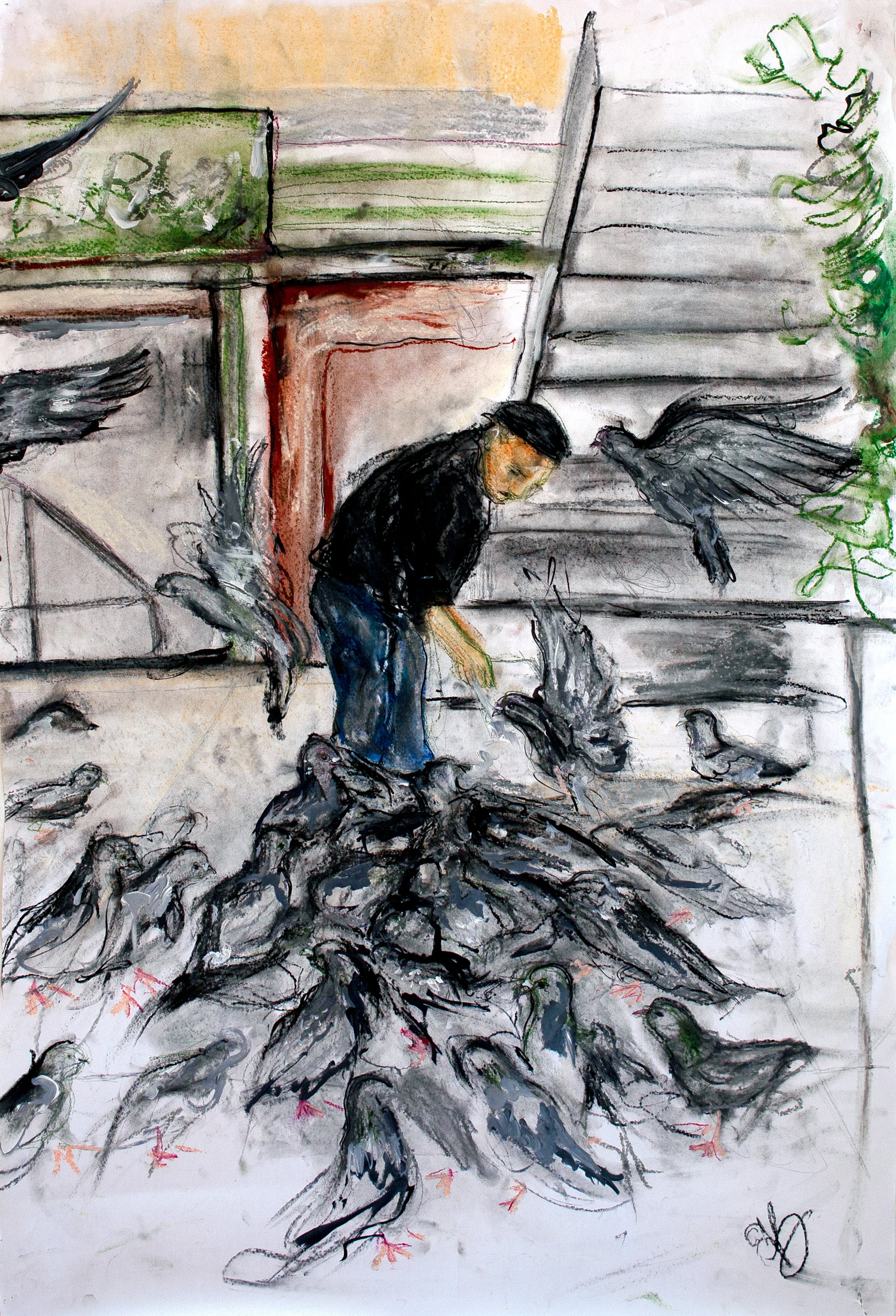 Pigeon Man | 30 x 20 Mixed Media on Paper