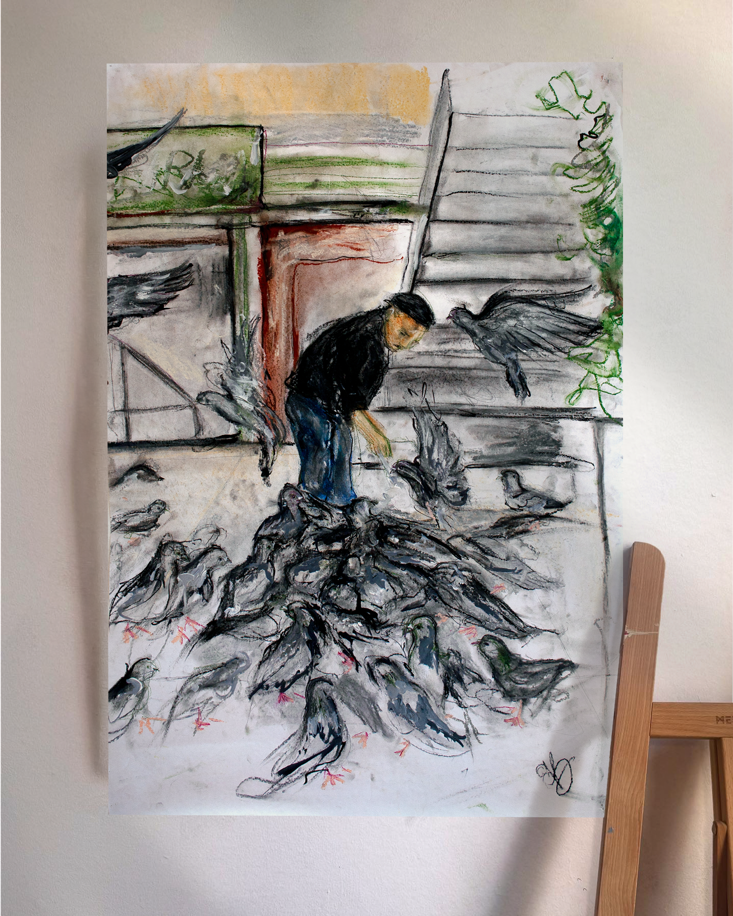 Pigeon Man | 30 x 20 Mixed Media on Paper