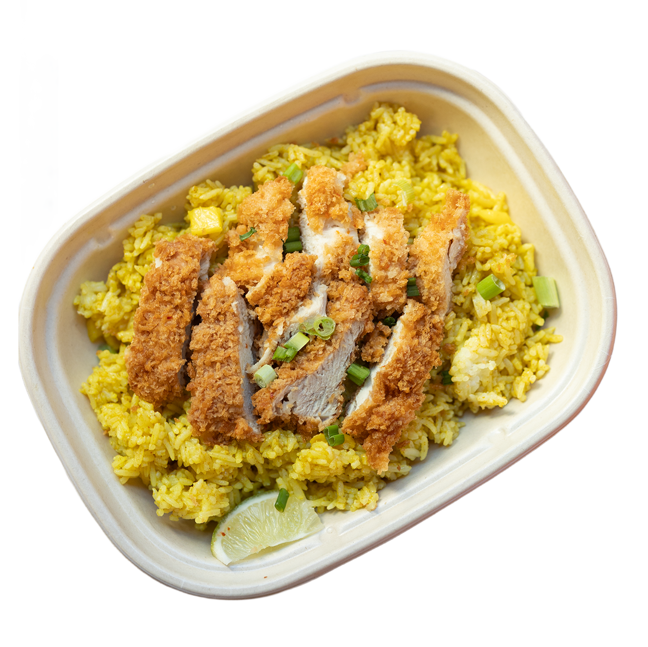 Fried chicken served over yellow rice with chopped green onions and a lemon wedge.