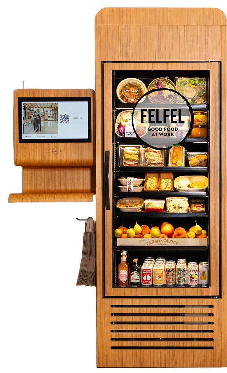 A wooden vending machine with a screen on the left and a display of various food items and drinks on the right, including salads, sandwiches, fruits, and canned beverages.