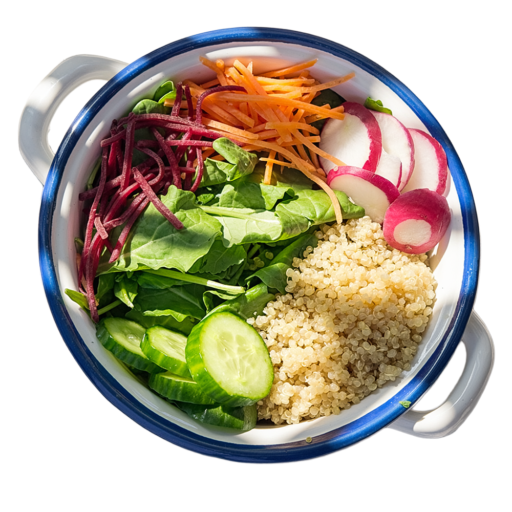 A bowl of fresh vegetables and grains including sliced cucumbers, shredded carrots, radish slices, shredded beets, leafy greens, and cooked millet.