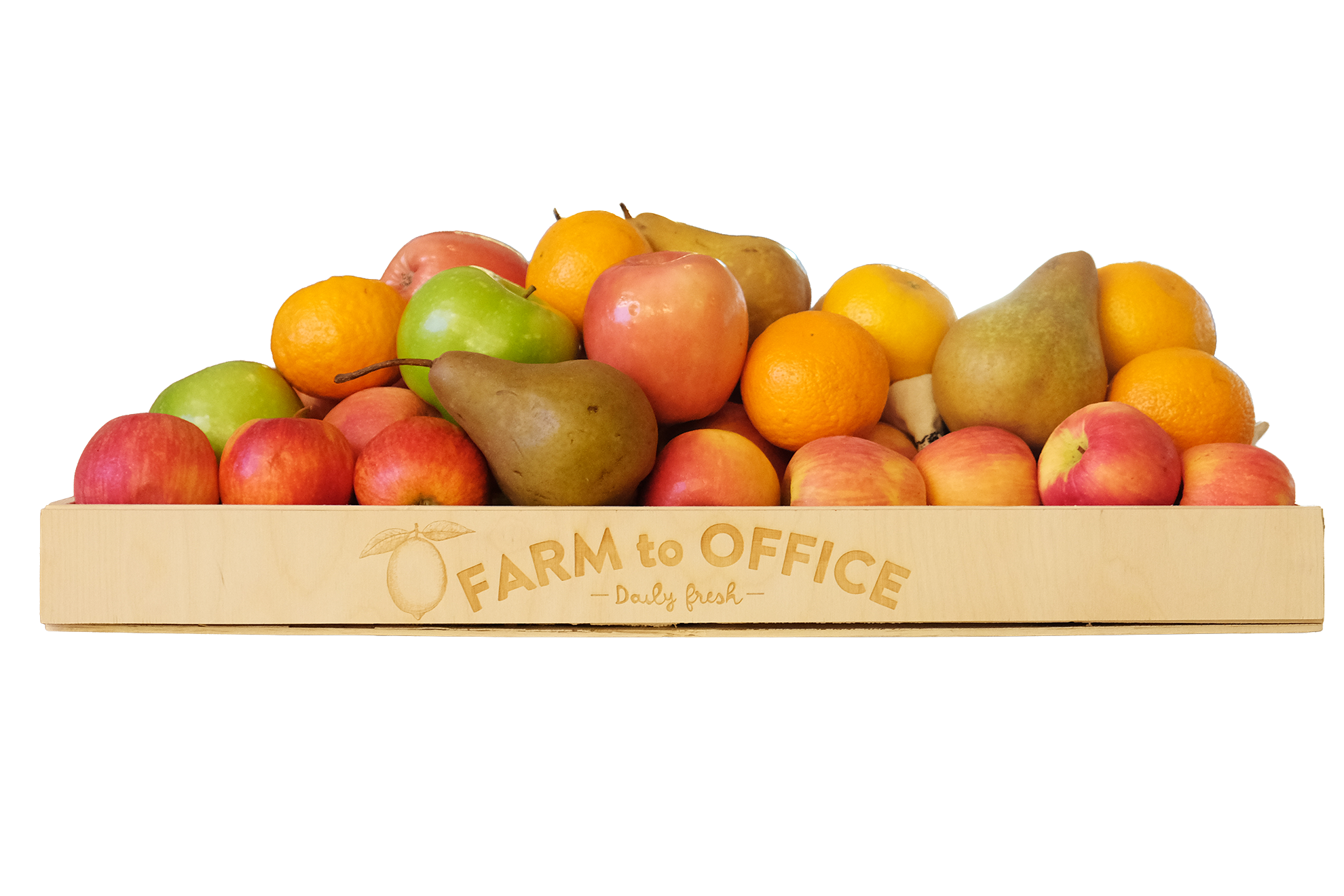 Assorted fresh fruits including apples, oranges, pears, and a green apple, in a wooden crate labeled 'Farm to Office Daily Fresh'.