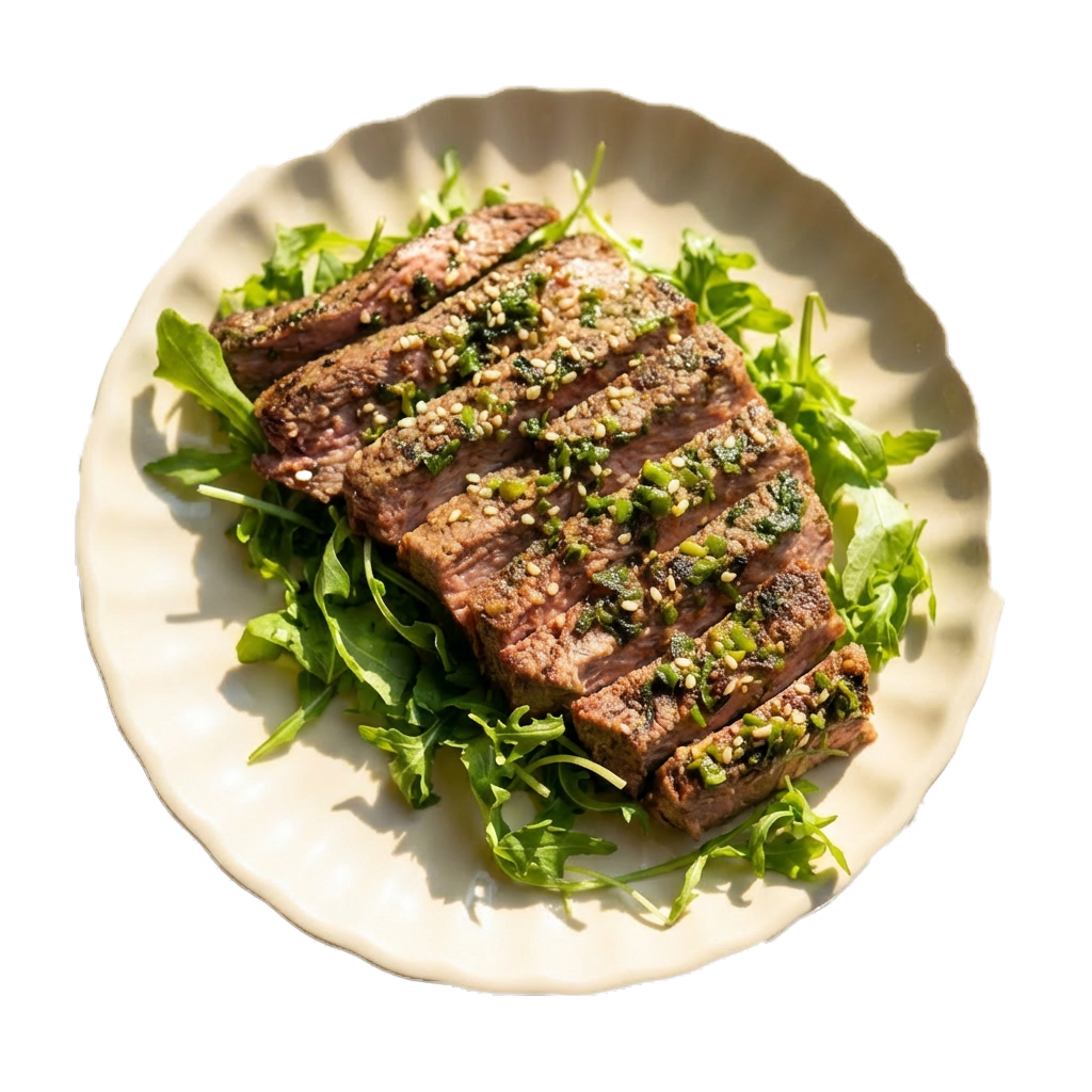 Sliced steak topped with chopped herbs and sesame seeds, served on a bed of arugula on a white scalloped plate.