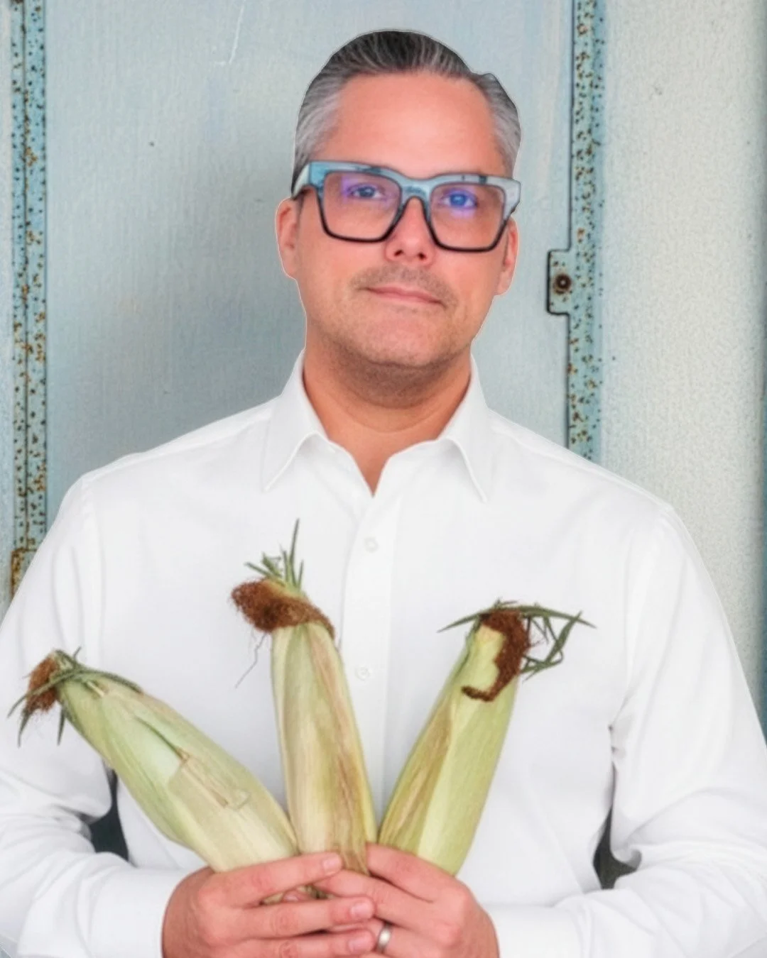 A man wearing glasses and a white shirt holds three ears of corn in front of a light-colored background.