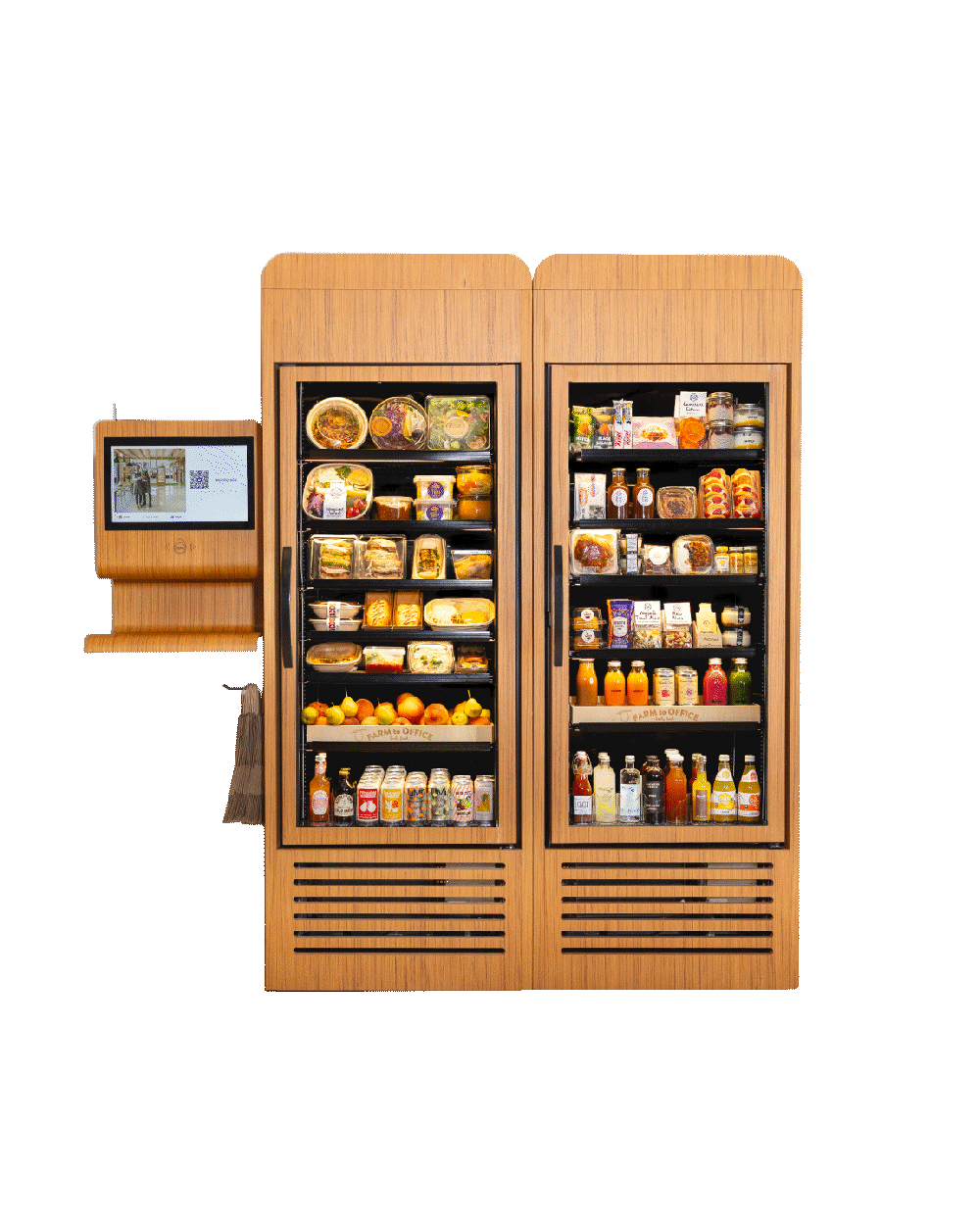 A vending machine with a variety of food and beverages, including packaged salads, drinks, and snacks, against a black background.