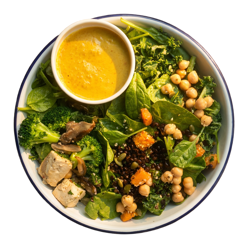 Mixed salad with broccoli, spinach, chickpeas, black beans, diced sweet potatoes, tofu, and a small bowl of yellow dressing.