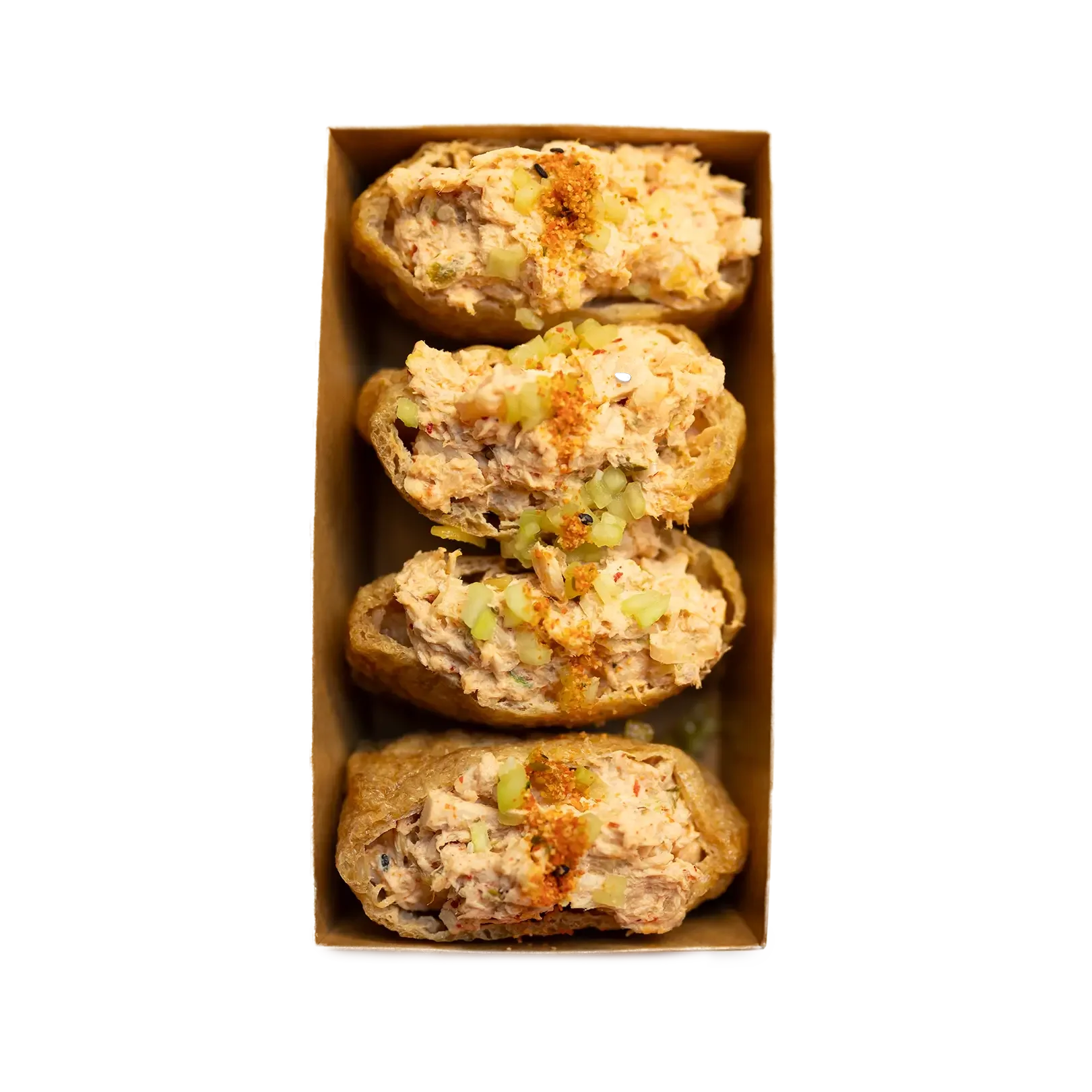Modern Vending machine: Four stuffed chicken wings topped with chopped green onions and spices, arranged in a vertical row inside a brown rectangular container.