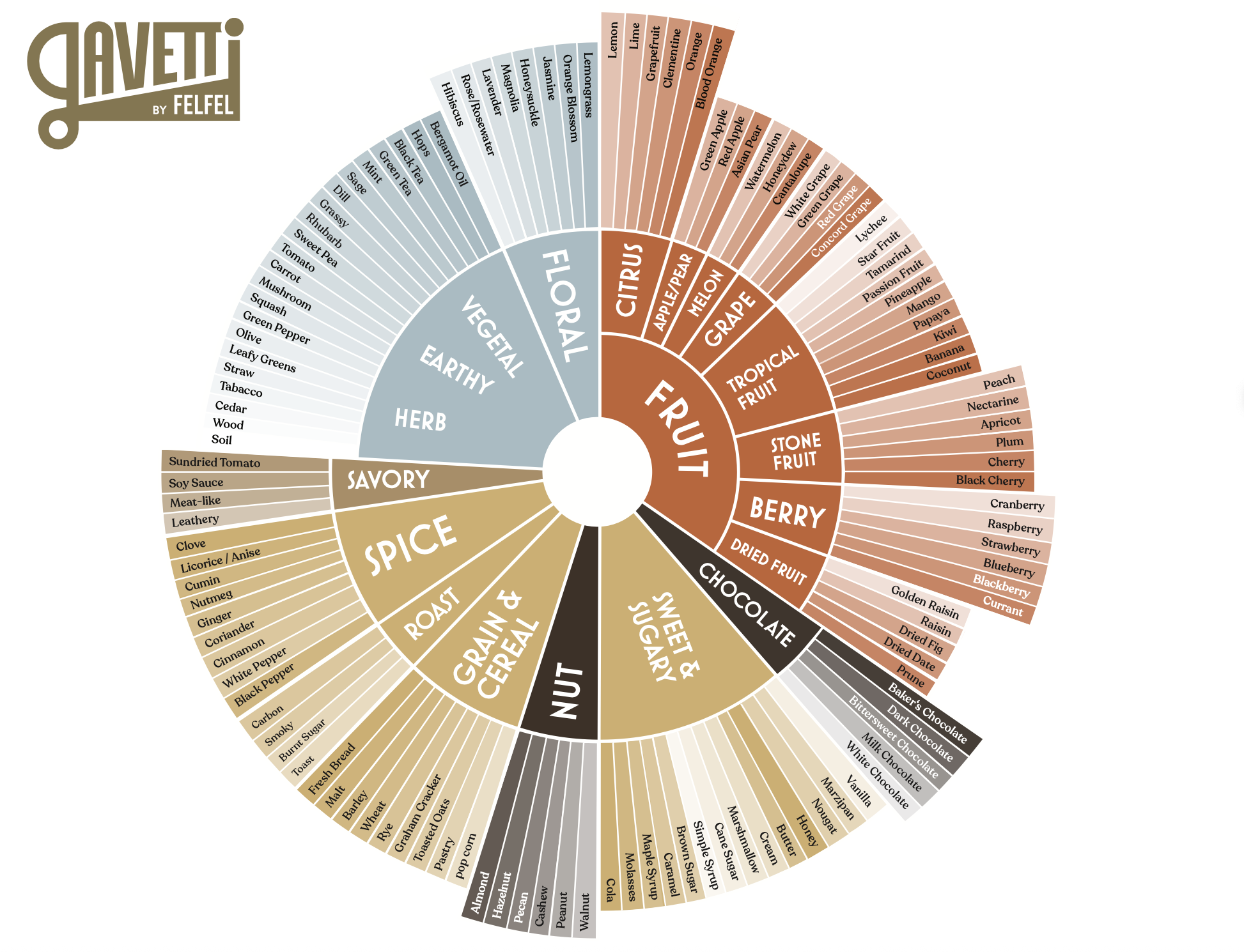 A colorful circular chart categorizing different flavors and ingredients for Cavetti by Felfel, including fruit, vegetable, herb, spice, grain, cereal, nut, sweet and savory, and chocolate categories.