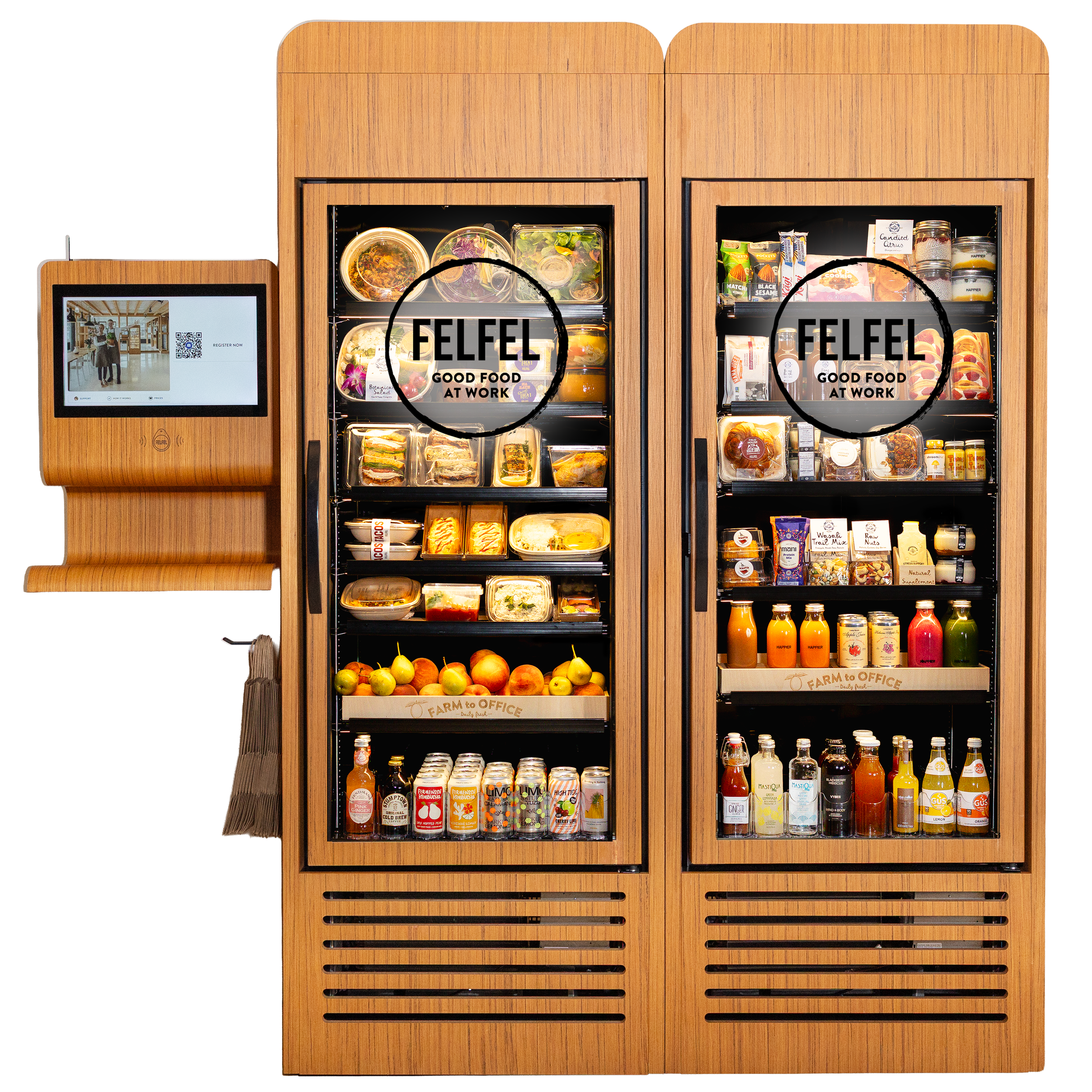 A vending machine with snacks, fruits, and beverages, featuring the FELFEL logo and tagline 'Good Food at Work.'