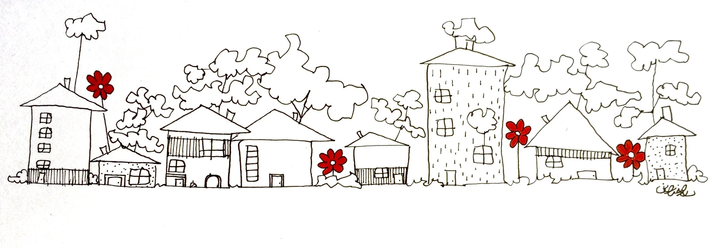 Line drawing of a village with multiple houses and trees, some houses have red flowers on them.