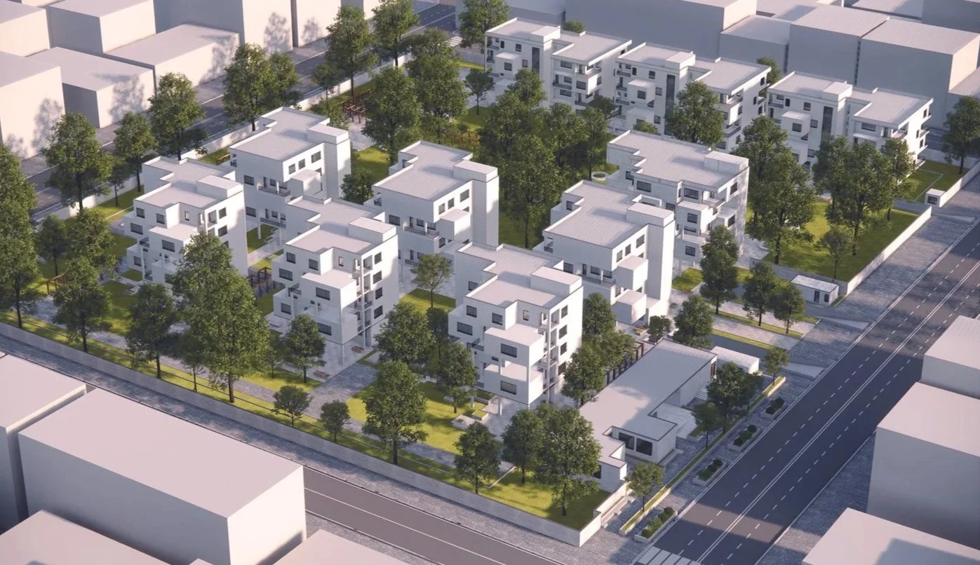 A digital rendering of a modern residential complex with multiple white buildings surrounded by green trees and streets.