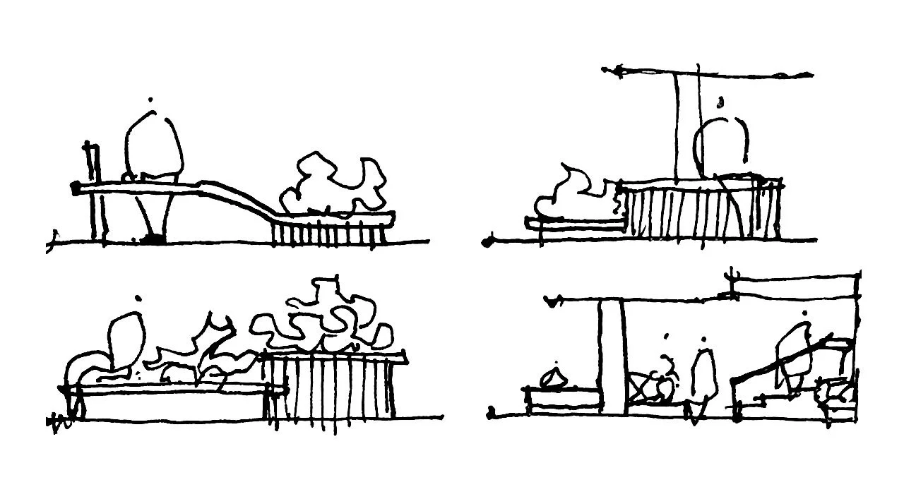 Four sketches of outdoor seating and scenery, including a bridge, trees, and a bench, drawn in simple black lines.