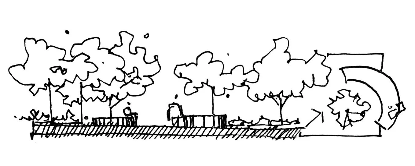 A sketch of a park scene with trees, benches, people, and a rainbow.