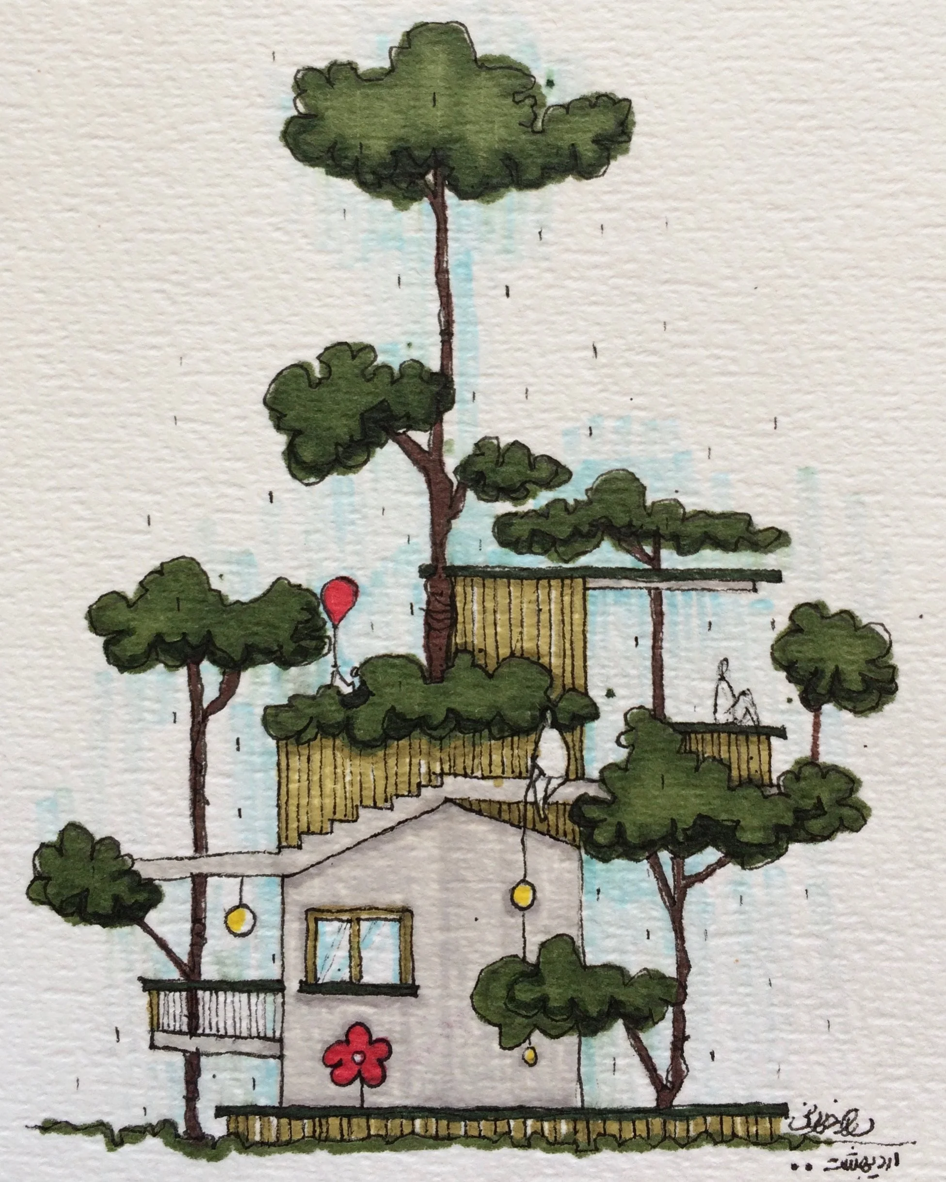 An artistic drawing of a house surrounded by trees, with multiple levels, balconies, and decorative lighting, including a red balloon attached to a tree branch.